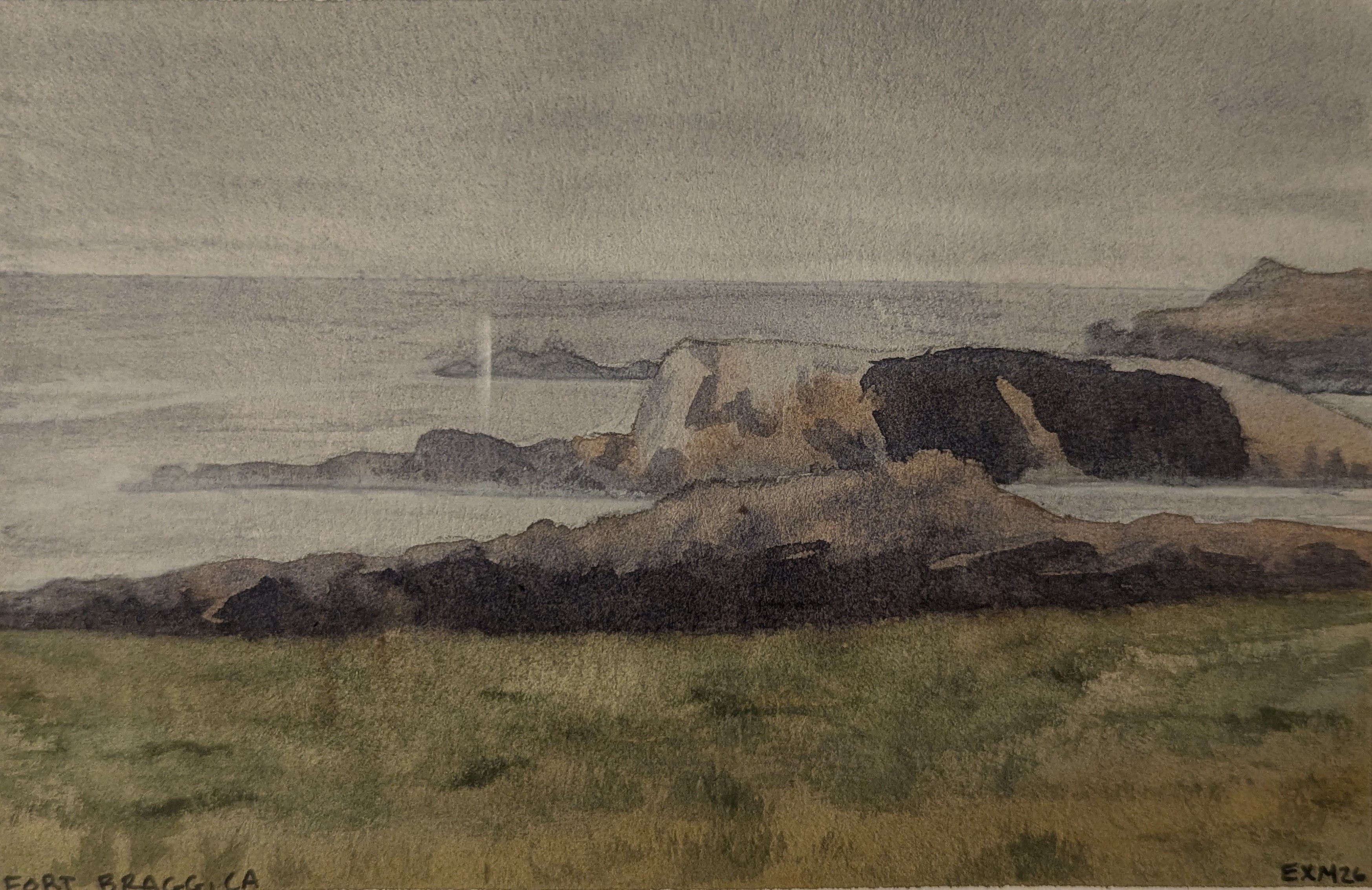 Small watercolor painting of the ocean outside Fort Bragg, CA.