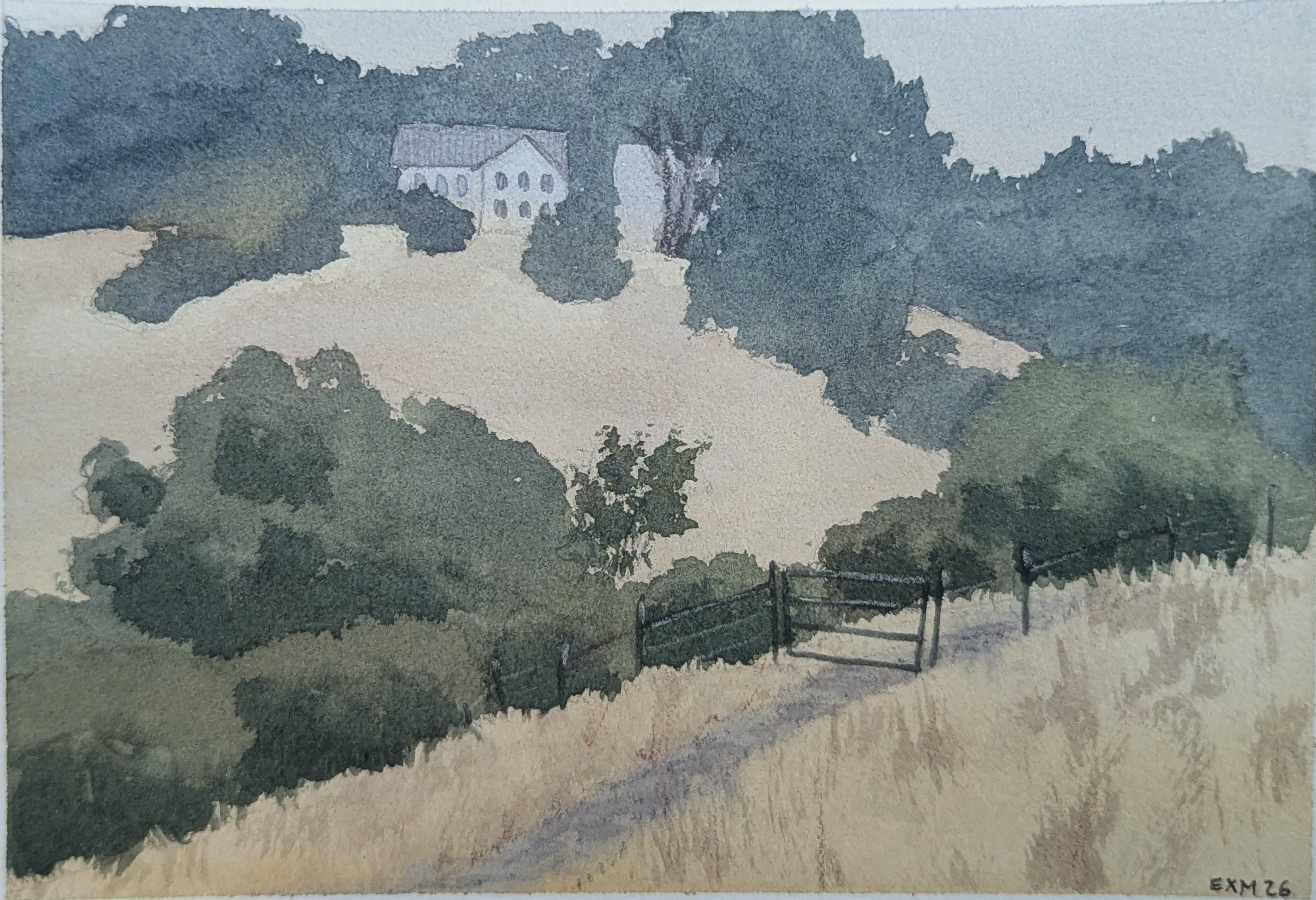 Small watercolor painting of a house on a hill in Joseph D. Grant County Park.