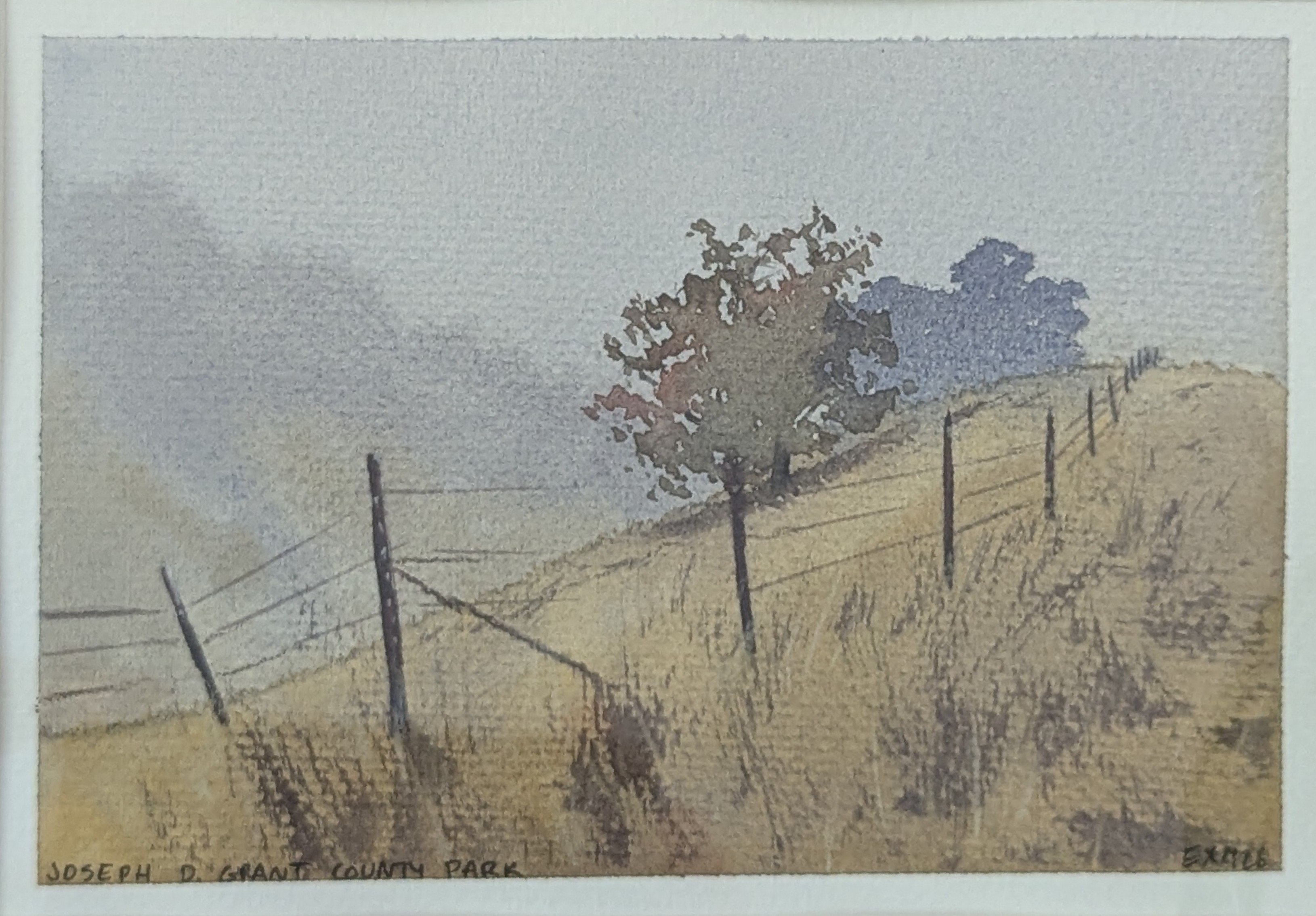 Watercolor painting of a foggy day at Joseph D. Grant County Park.