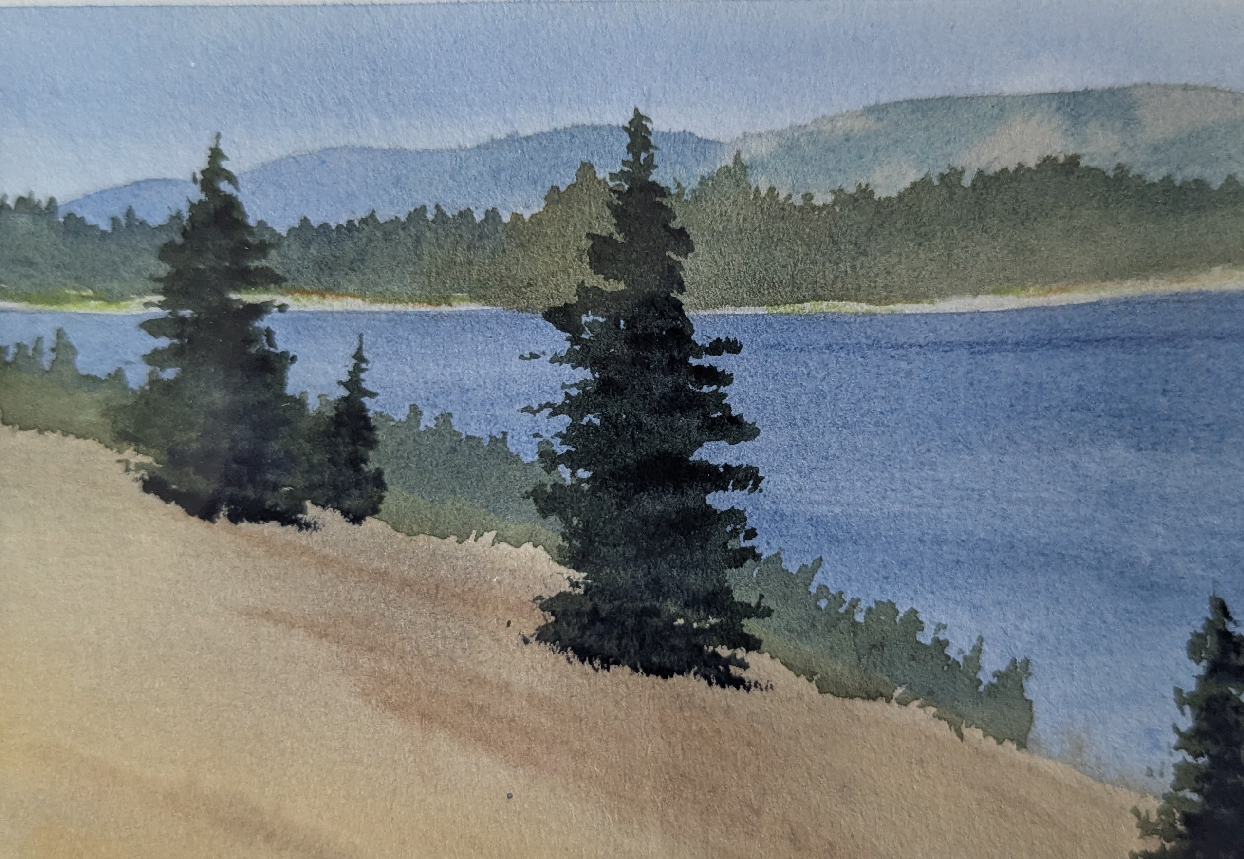 Small watercolor painting of Lake Siskiyou.