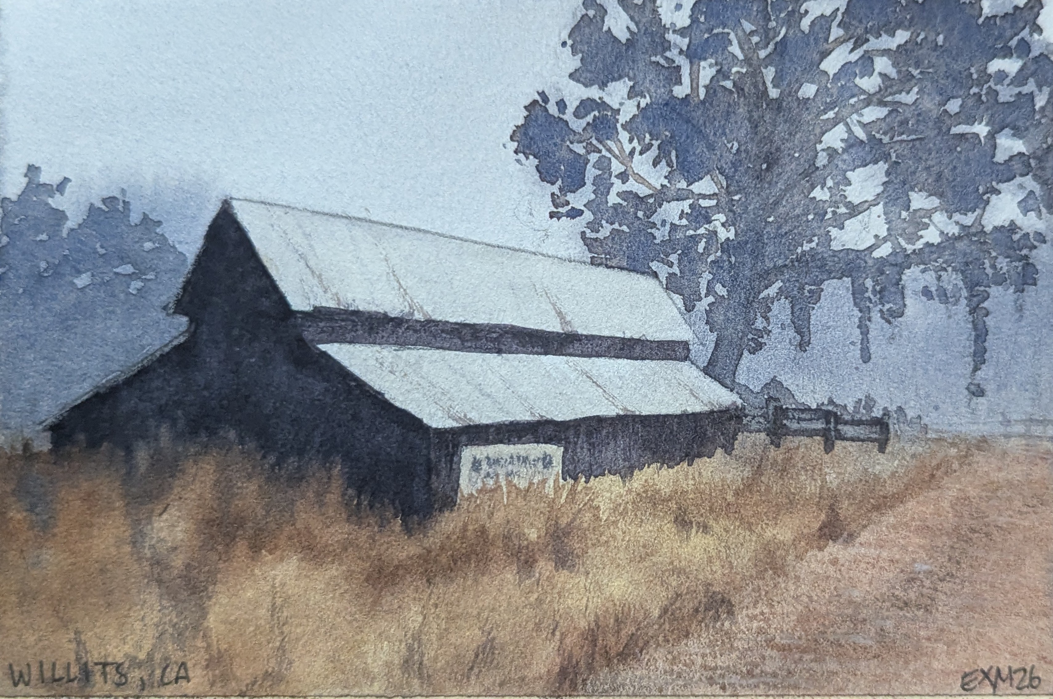 Small watercolor painting of a barn in the fog in Willits, CA.
